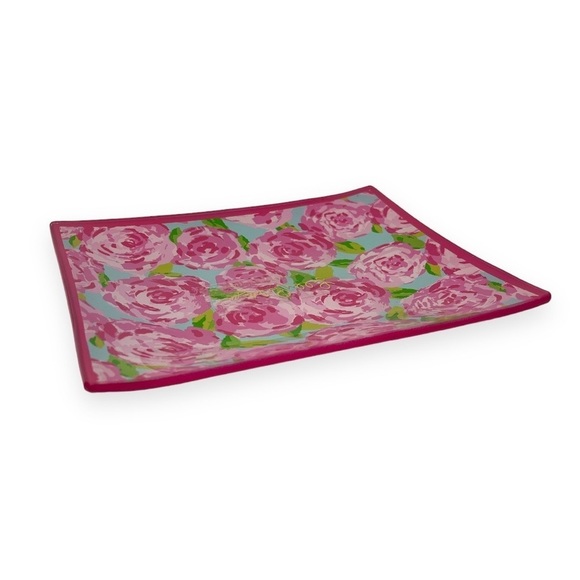 Lilly Pulitzer First Impression Pink Roses Printed Glass Catchall Tray Pink Blue - Picture 2 of 5